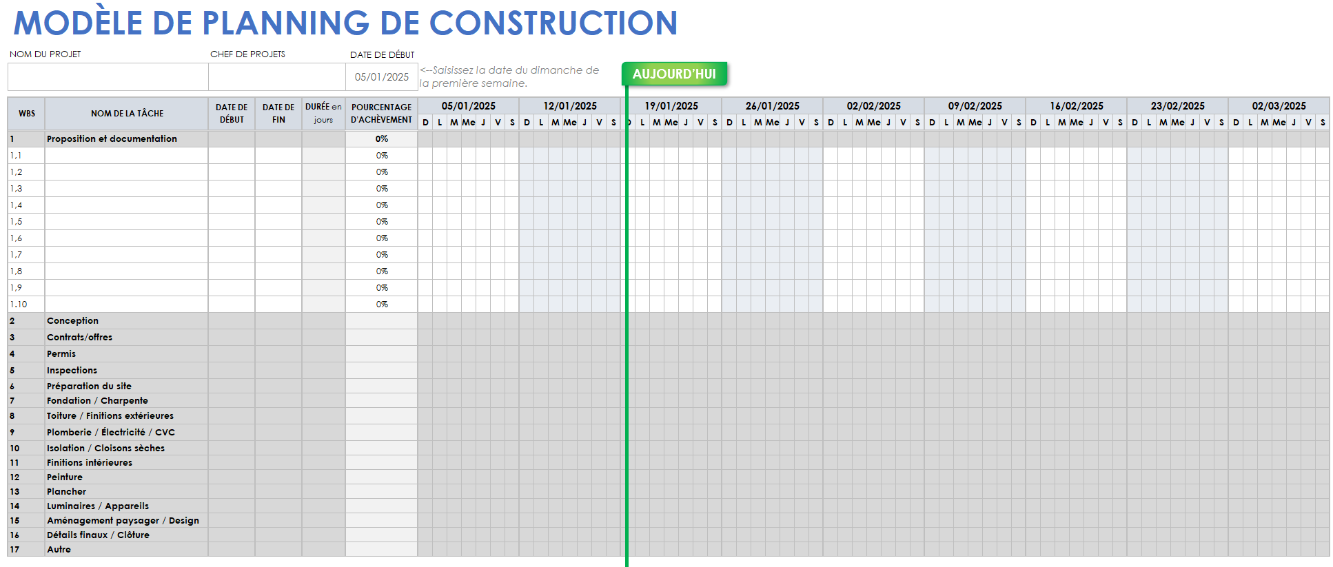  Modèle de calendrier de construction feuille Google