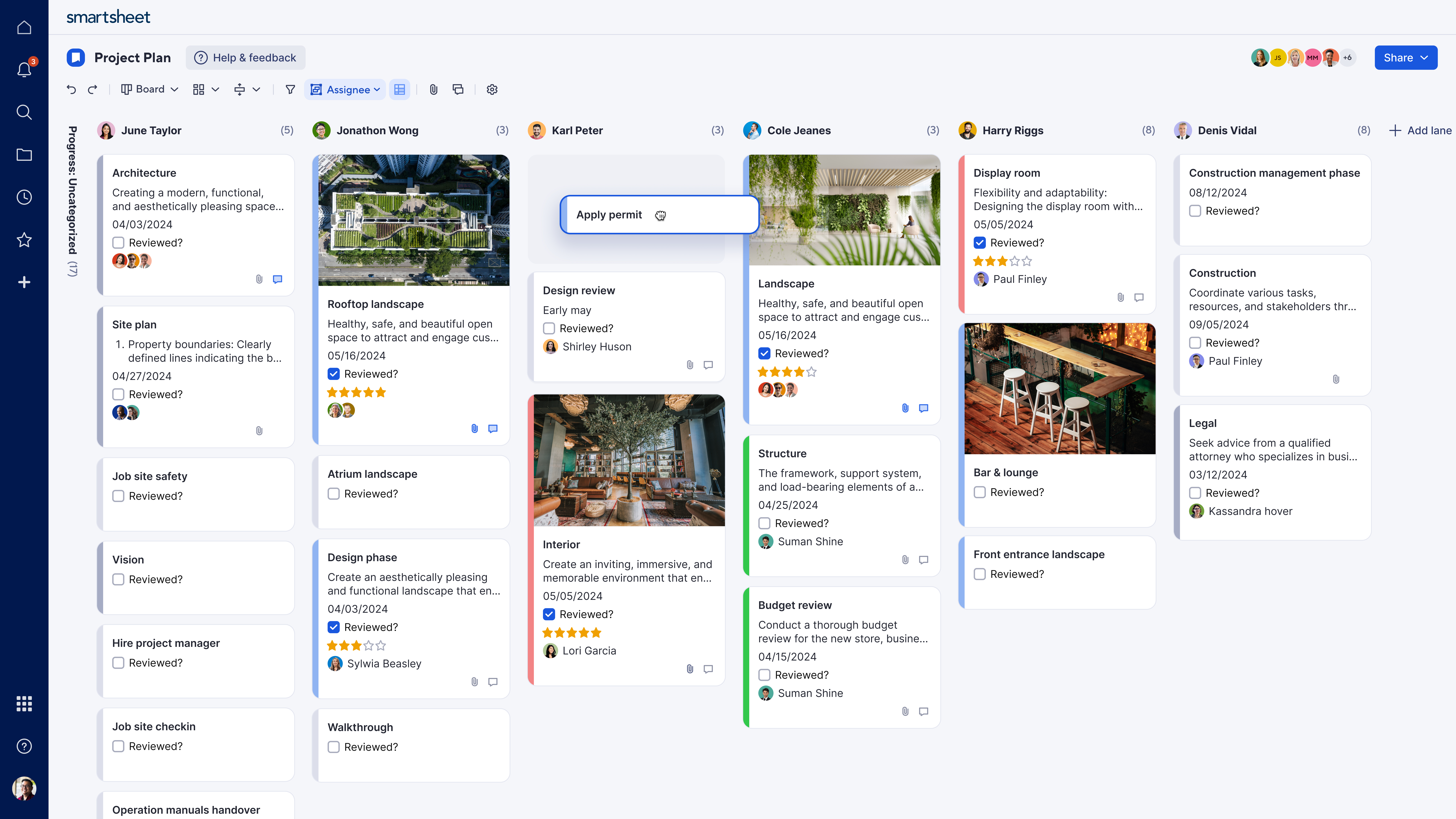 A project plan is displayed in Smartsheet board view, modeled after Kanban boards. Task cards are organized by assignee and include images and due dates.