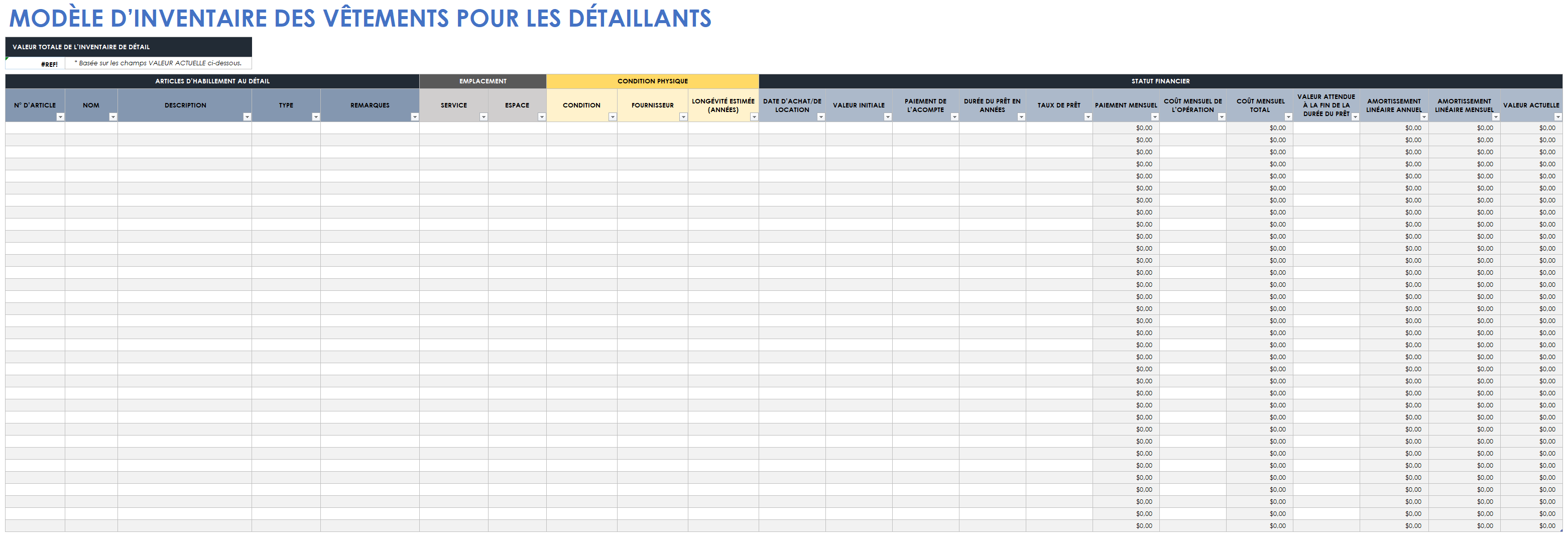  Modèle d'inventaire de vêtements de vente au détail