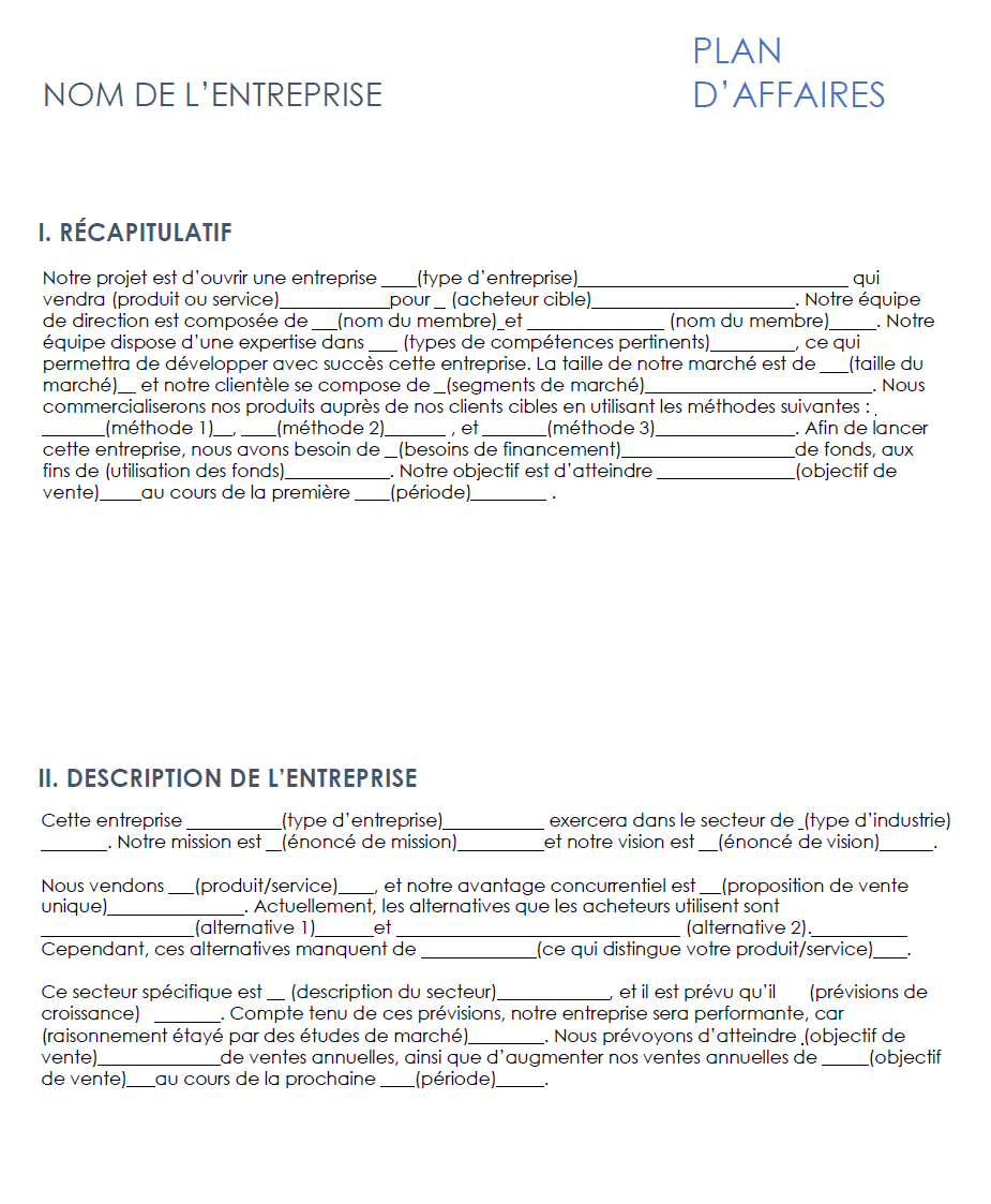 Plan d'affaires simple à compléter