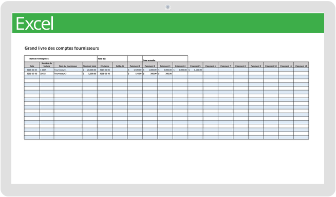 Modèle de grand livre des comptes fournisseurs