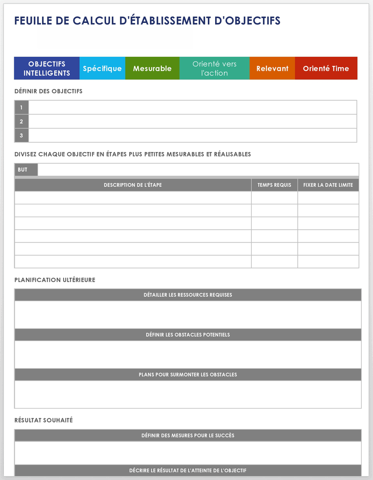 FEUILLE DE TRAVAIL POUR LA DÉFINITION DES OBJECTIFS