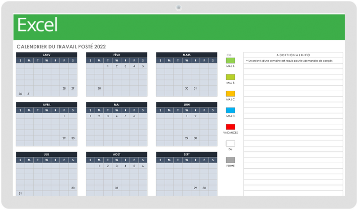 Calendrier mensuel du travail posté 2022