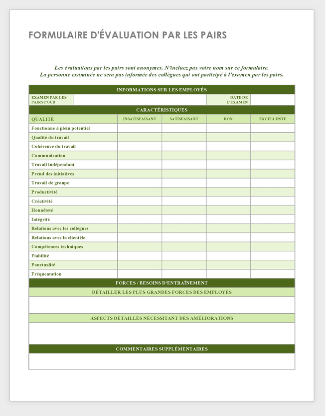 Modèle de formulaire d'examen par les pairs