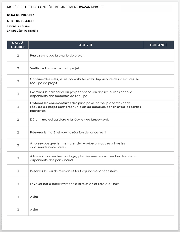 Modèle de liste de contrôle de lancement de pré-projet