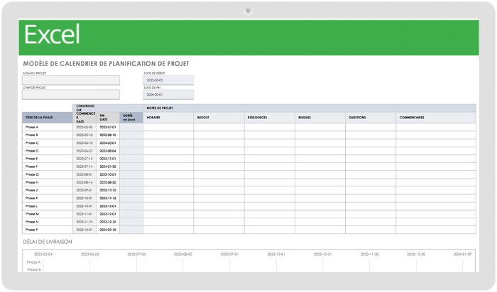 Modèle de calendrier de calendrier de projet