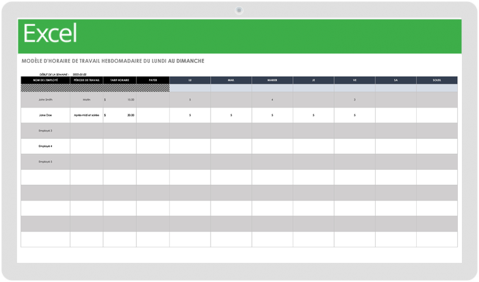 Horaire de Travail Hebdomadaire Lun-Dim-Modèle